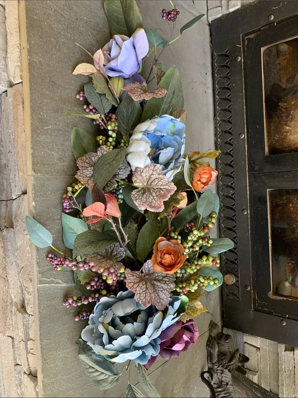 Artificial Floral Swag with Blue, Purple & Orange Blooms